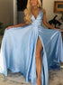 A Line V Neck Sky Blue Satin Prom Dress with Slit Open Back LBQ3178
